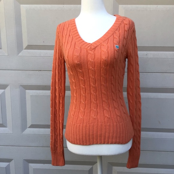 Aeropostale Sweater Womens Sz M Orange Cable Knit V-Neck Long Sleeve Y2K - Picture 3 of 16